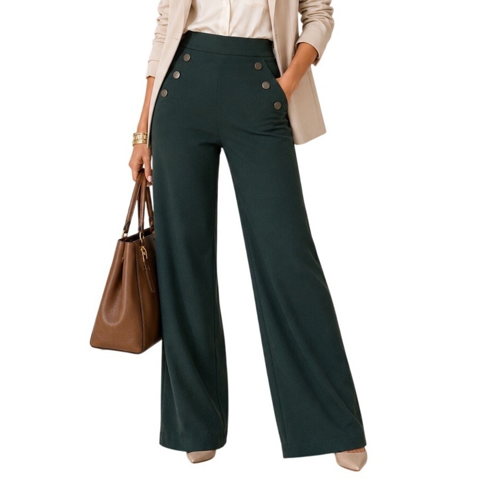 Rachel Zoe Wide Leg Trousers Size 10 Green High Rise Sailor Button Pants Preppy